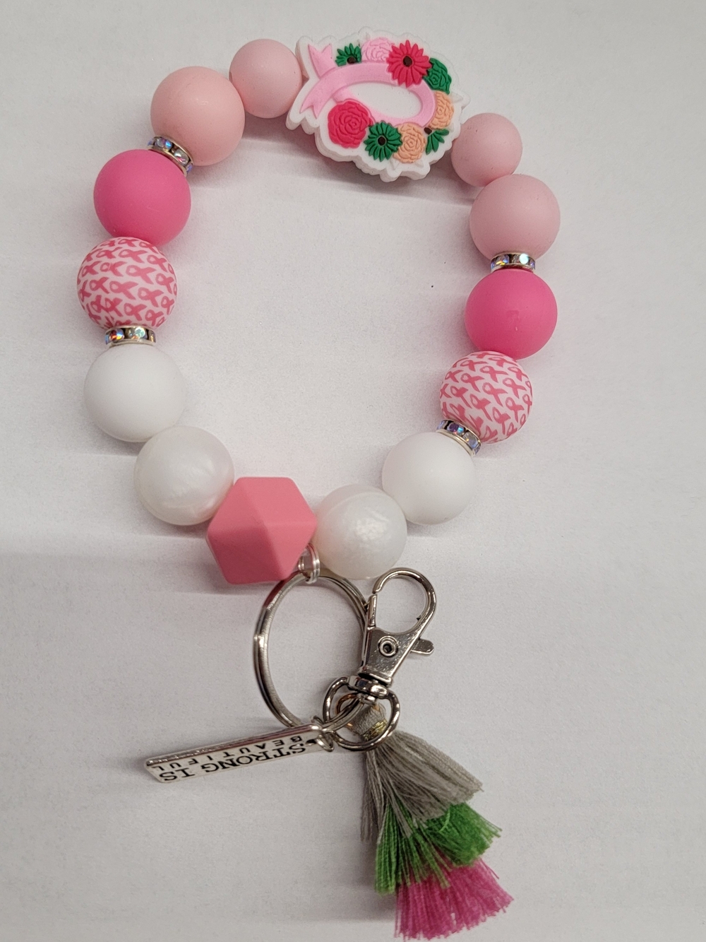 Pink and White Beaded Wristlet Keychain with Tassel